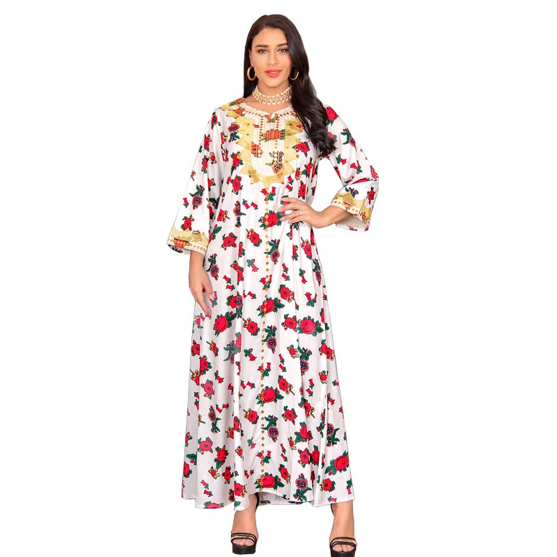 中東女性用プリント柄ドバイクロスボーダーエスニック婦人服2024年春ファッションレディース伝統衣装