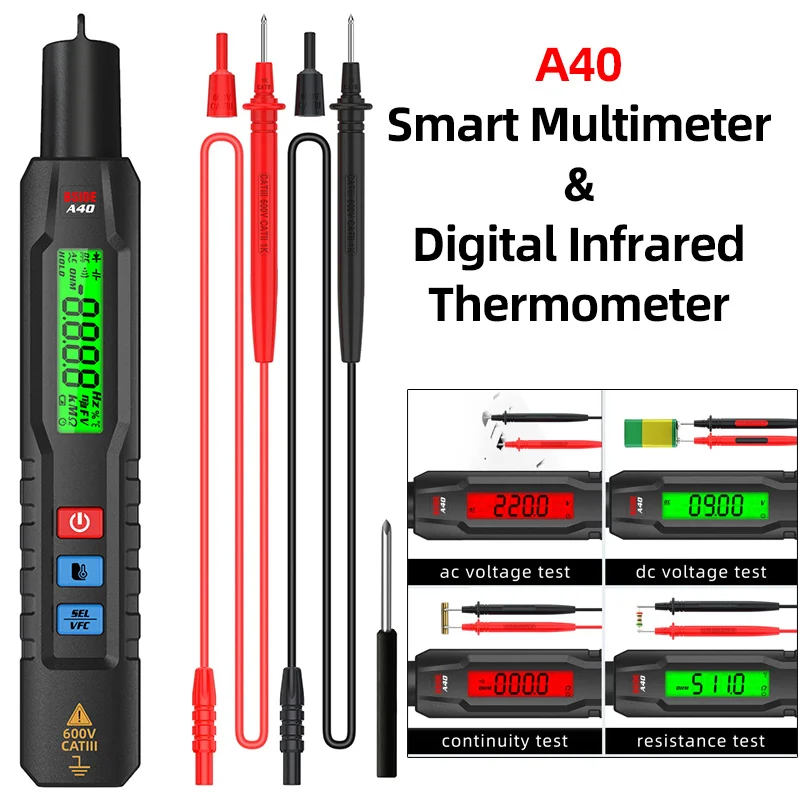 2-In-1 Infrared Thermometer Digital Multimeter DC AC Voltage VFC Ohm NCV Hz Continuity Live Meter with Green & Red Backlight