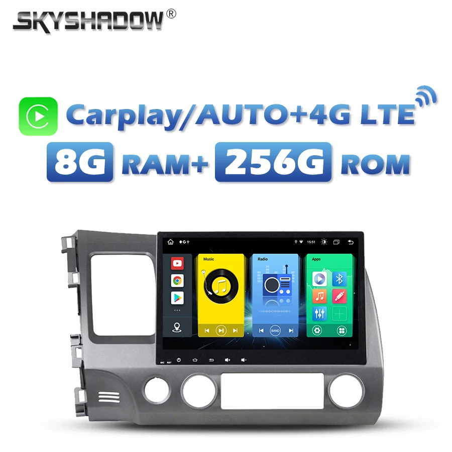

Автомобильный беспроводной DVD-плеер Carplay, Android 13,0, 8G + 256G, 4G, SIM, DSP, GPS, карта, RDS, радио, Wi-Fi, Bluetooth, для Honda CIVIC 2006-2012