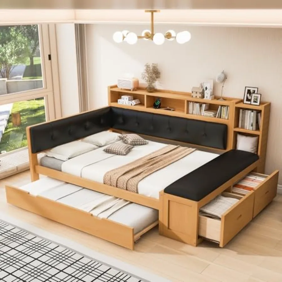

Full Size Daybed with Trundle, Storage Shelves, Charging Station, Solid Pine Wood Platform Full Bed Frame with Upholstered Head