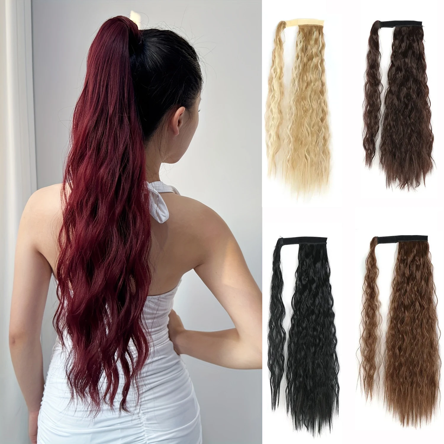 Synthetic Ponytail Extension Multi-Color Option Long Water Wave Curl Wrap Around Clip In Hair Extensions For Women Daily Use