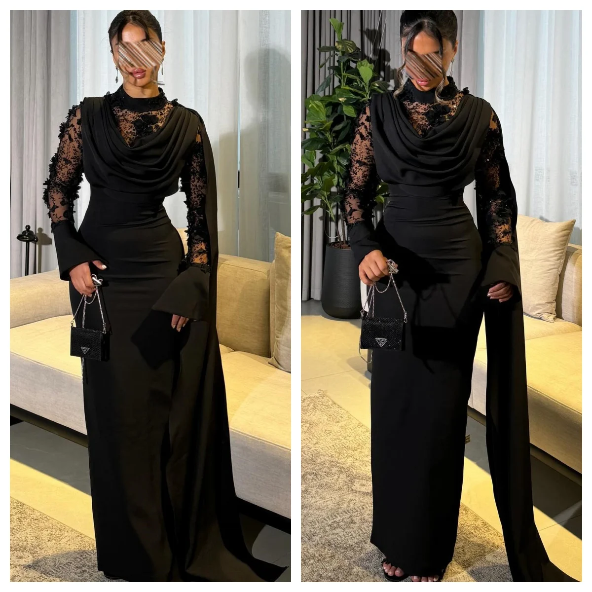 

Customized Classic Jersey Lace High Collar Long Sleeves Prom Gowns Elegant Mermaid Evening Dress Sweep Train Party Dresses