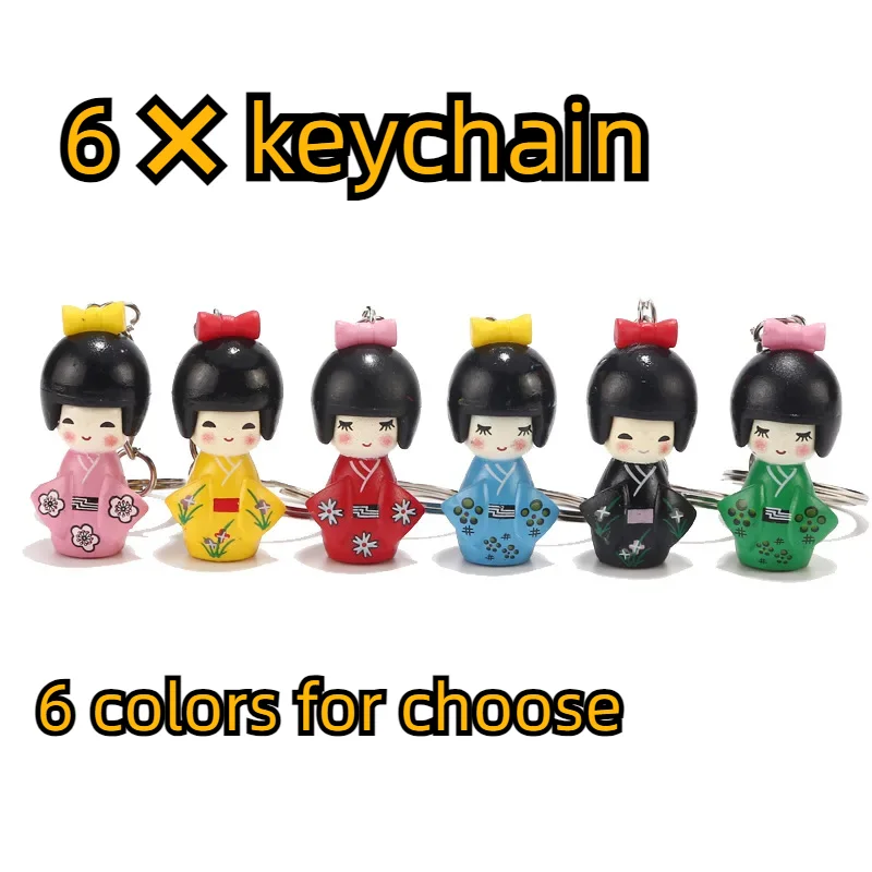 6Pcs/lot Mixed Colorful Japanese Kimono Girl Keychain Plastic Cartoon  Keychain Puppet Key Chain Girls Keyring