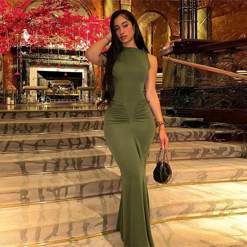 

Long Dress Women's Summer Sleeveless One Piece Elegant Party Dresses Gala High Waist Solid Skinny Skirt Ruched Clothing Female