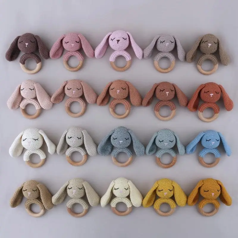 

Q0KB Baby Rattle Safe Wooden Toy Mobile Pram Crib Ring DIY Bunny Crochet Rattle Soother Bracelet Teether Handbell Baby Gifts