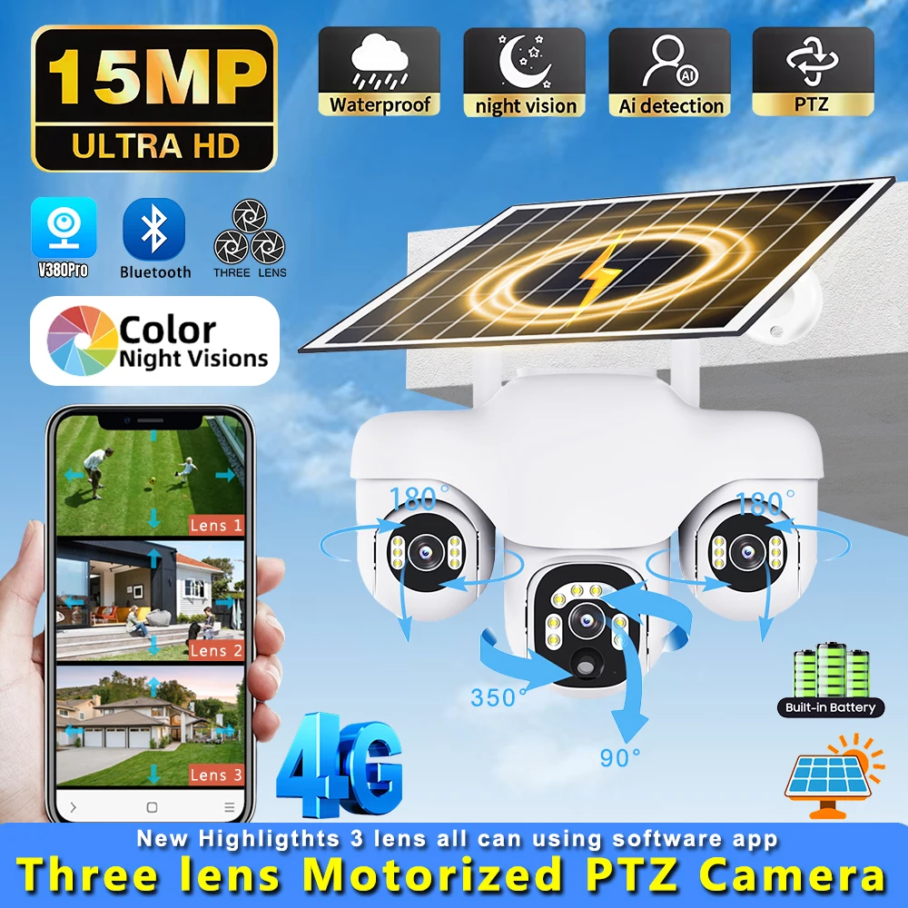 Triple Lens Solar IP 4G Camera 15MP Three Screen 3Motorized PTZ Camera Solar Panel Color Night Vision Human Tracking Outdoo CCTV
