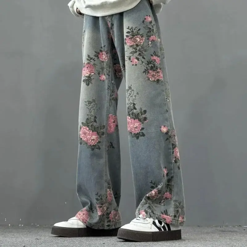 Jean rétro bleu imprimé Rose pour hommes, pantalon décontracté avec Tube droit de relaxation et amincissant et couteau incurvé