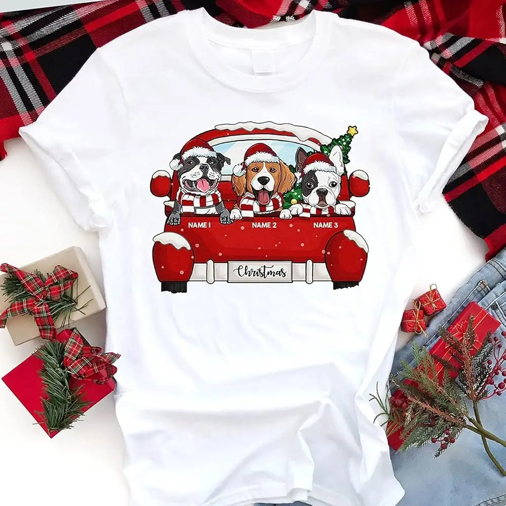 Personalized Dog Christmas T-Shirt, Merry Xmas Dogs On Red Truck Shirt, Name Christmas Shirt, Christmas Tree Shirt, Xmas Shirt