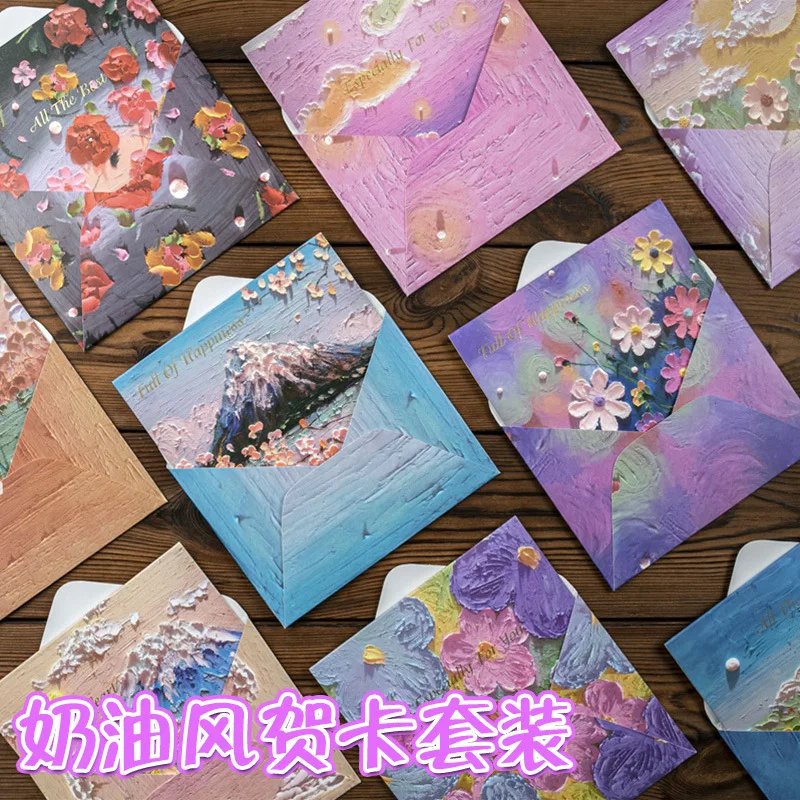 5Pcs Oil Painting Postcards Romantic Messages Illustration Card Hand Account Material Festival Wedding Birthday Greeting Cards