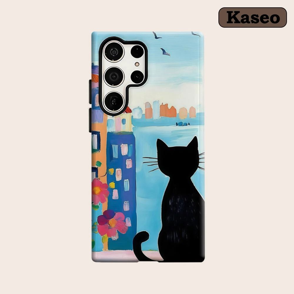 Чехол Kaseo для Samsung Galaxy S26 S25 Ultra S24 S23 Ultra Plus, противоударный, двухслойный, с изображением причудливого черного кота и городского пейзажа