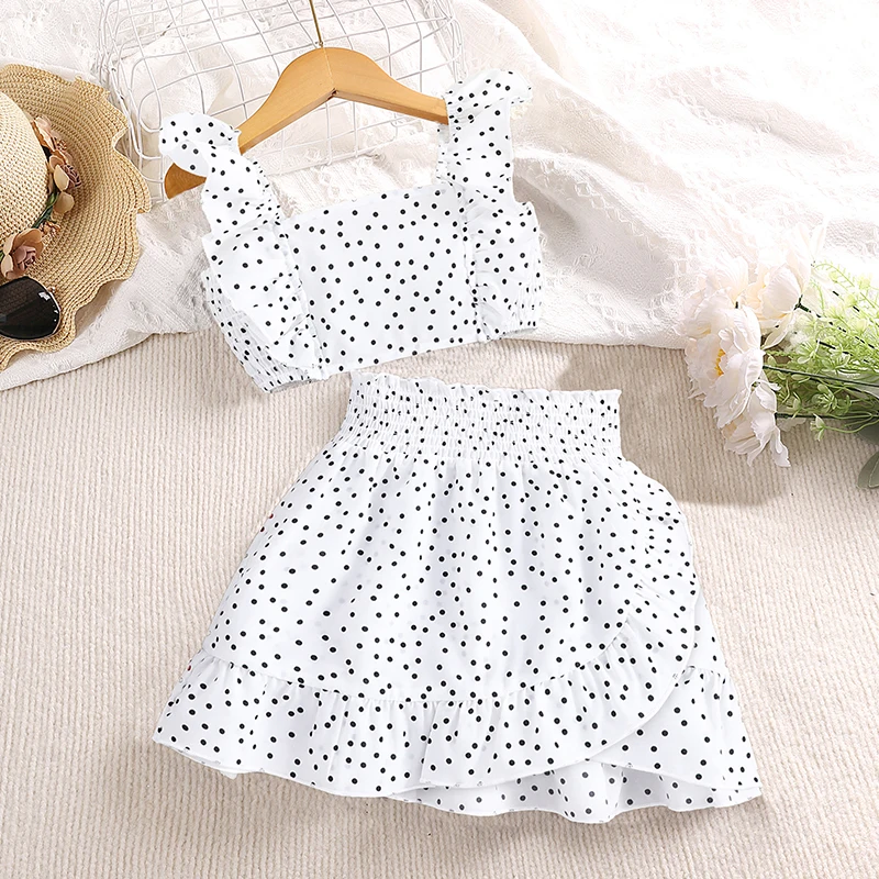 Girls\' Clothing Set 5-12T Tri-Color Optional Flying Sleeve Square Collar Vest Top + Lace Skirts  Children Girls Baby Clothes Set