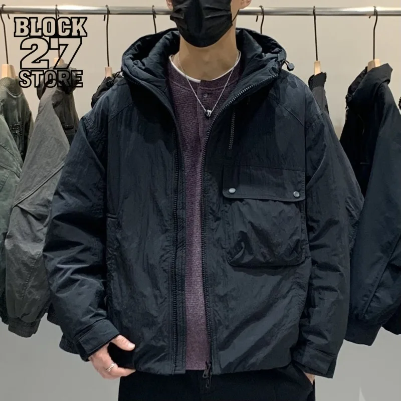 

Mens Down Jacket Harajuku Autumn Winter Korean Hooded Puffer Coat Warm Workwear Style Loose Fit Streetwear Casual Fashion New