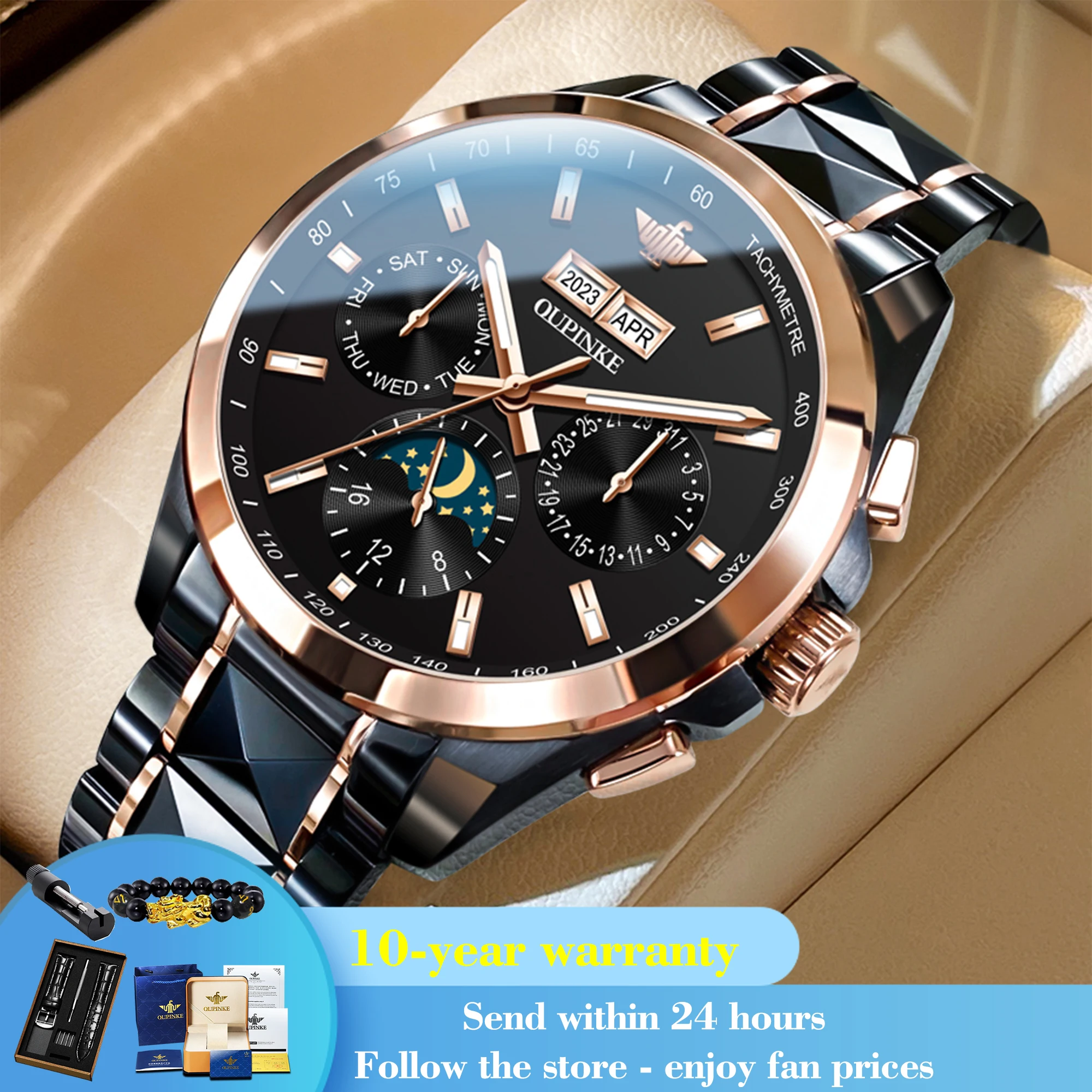 OUPINKE 3238 Moon Phase Mechanical Watch For Men Luxury Original Waterproof Wristwatch Top Brand Stainless Steel Man Watches