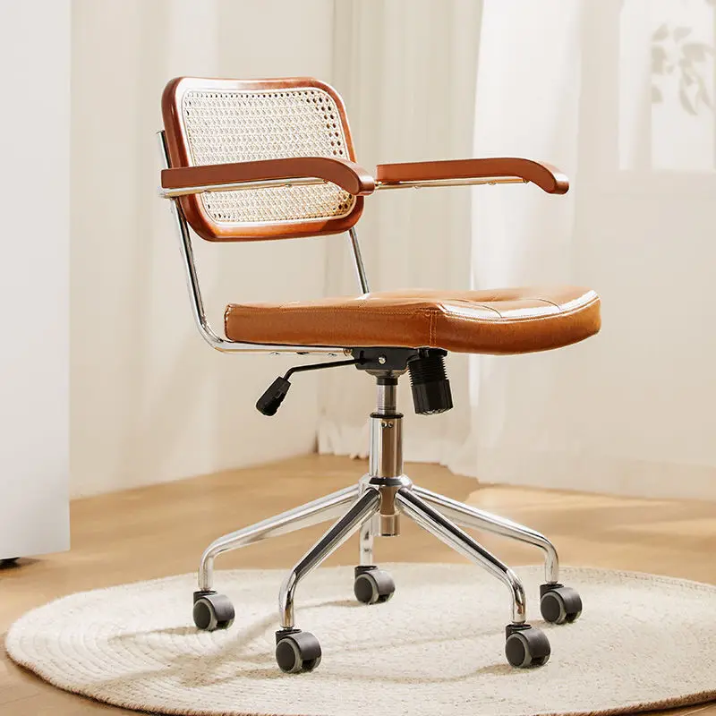 Retro PU Leather Bamboo Woven Backrest Chair Office 360-Degree Swivel and Lift Computer Chair Study Office Chair Single Seat