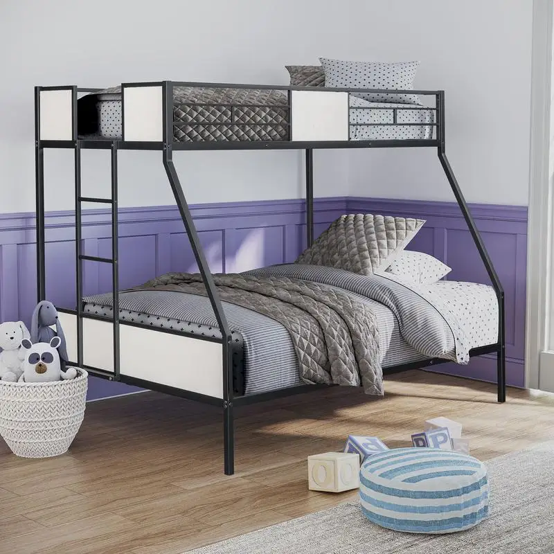 

Contemporary Twin Over Full Bunk Bed with Ladder, Two-Tone Metal Design, Black