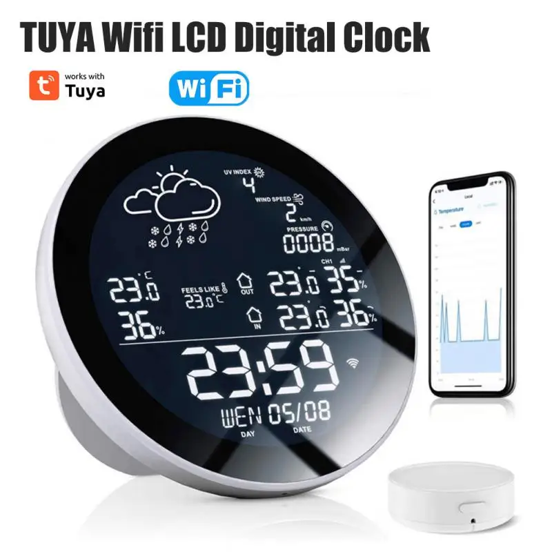 

Tuya Smart Weather Station Indoor Outdoor Smart Thermometer Hygrometer LCD Digital Alarm Clock