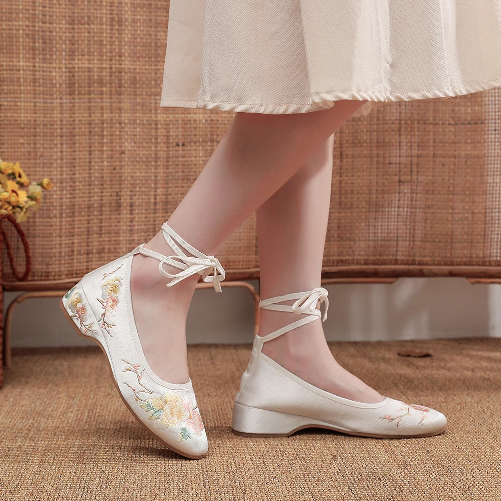 Veowalk Long Ankle Strap Summer Women Gauze Mesh Embroidered Ballet Flats Breathable Comfortable Walking Shoes for Elegant Lady