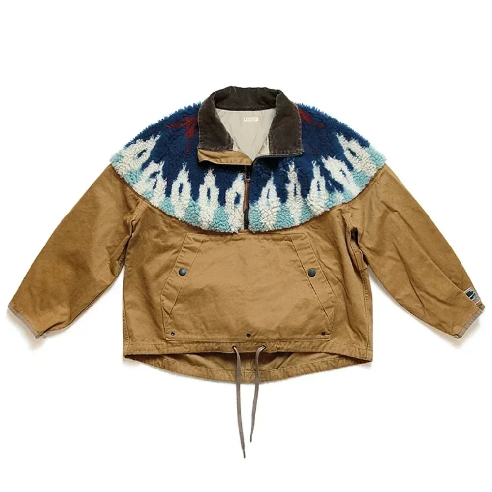 

Japan Style KAPITAL Hirata Two Color Fleece Print Half Zipper Lapel Loose Jacket for Men Khaki Sweatshirts