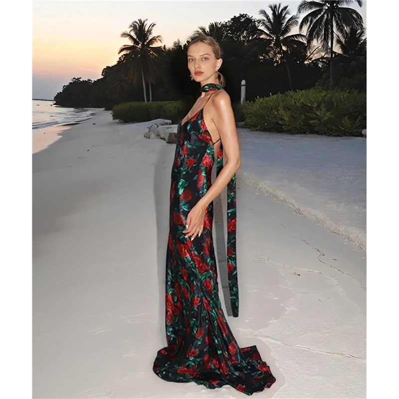 CGS-robe Maxi moulante pour femmes, bretelles d'été, imprimé Floral, moulante, soirée, Club, dos nu