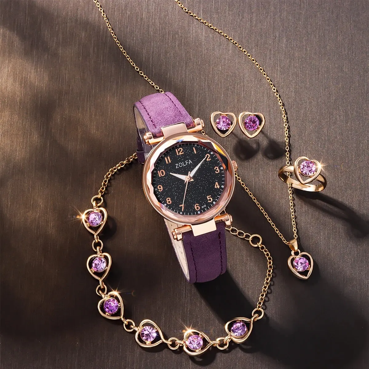 6PCS Women's Fashion Trend Simple Star Digital Rhinestone Leather Quartz Watch Amethyst Luxury Luxury Necklace Bracelet Gift Set