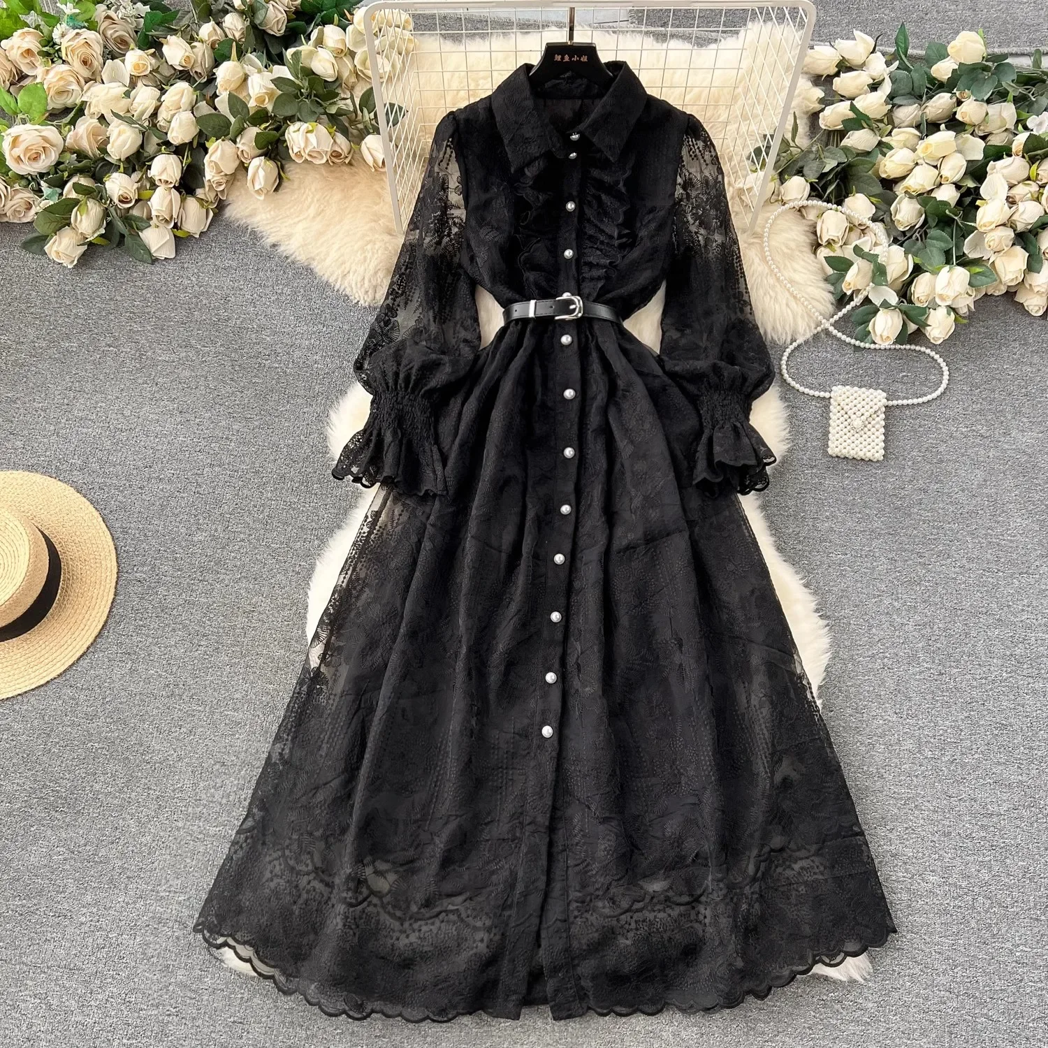 

Stylish Hollow Out Embroidery Long Dress Women Spring Summer Long Sleeve White Black Dresses With Belt Party Elegant Vestidos