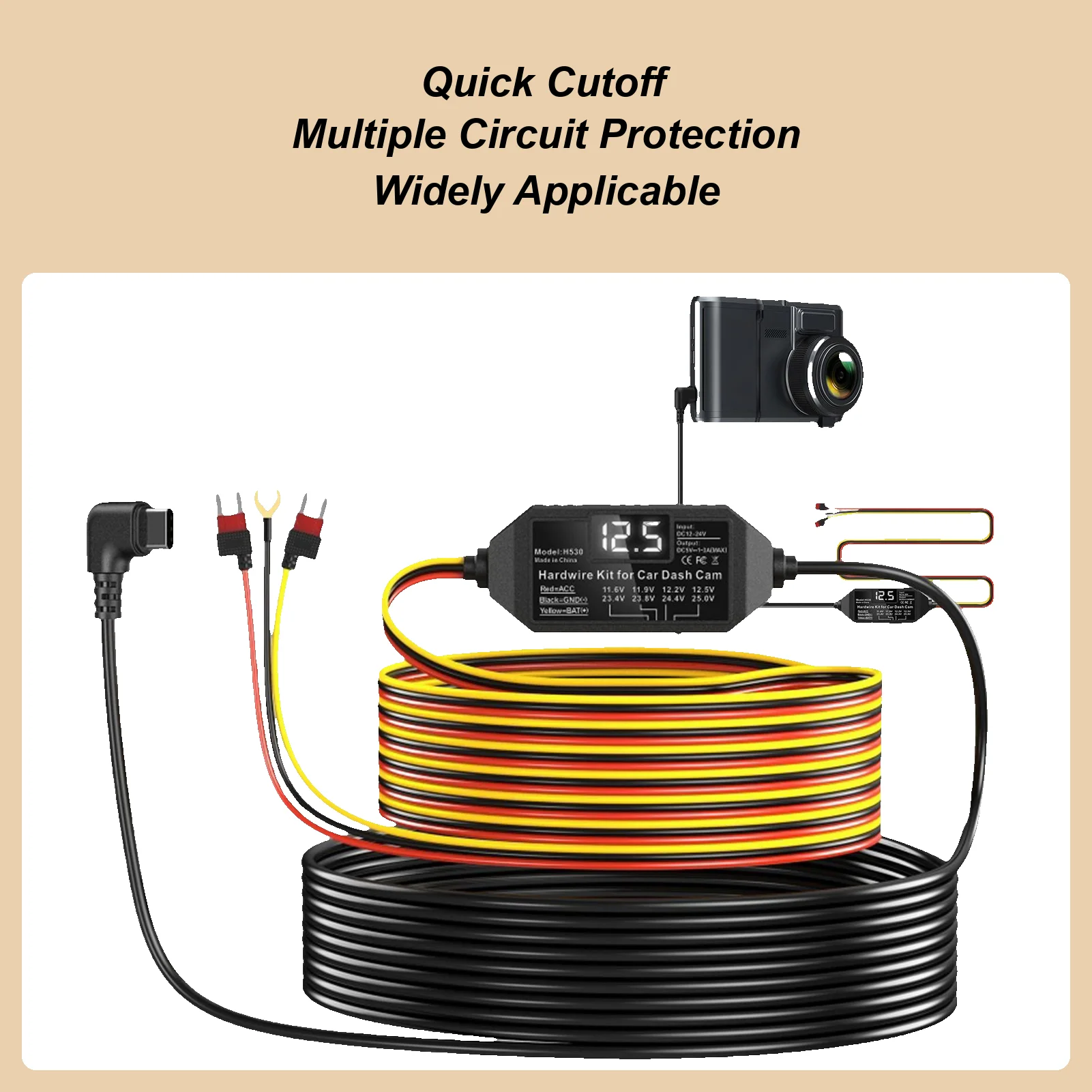 Dash Cam Hard Wire 3-Lead Car Dash Camera Charger Cable With Display Voltage Monitor Type C Hard Wire For Vehicle Safety Systems