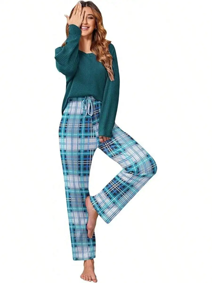 Womens Waffle Knit Pajama Set Long Sleeve Lounge Set With Pockets