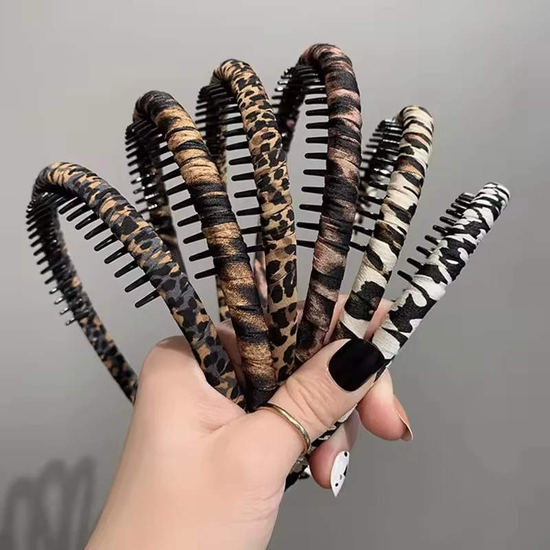 Fashion Women Headdress Solid Leopard Headband Wrap Bezel with Teeth Hair Hoop Hairband Headwear for Anti-slip Hair Accessories
