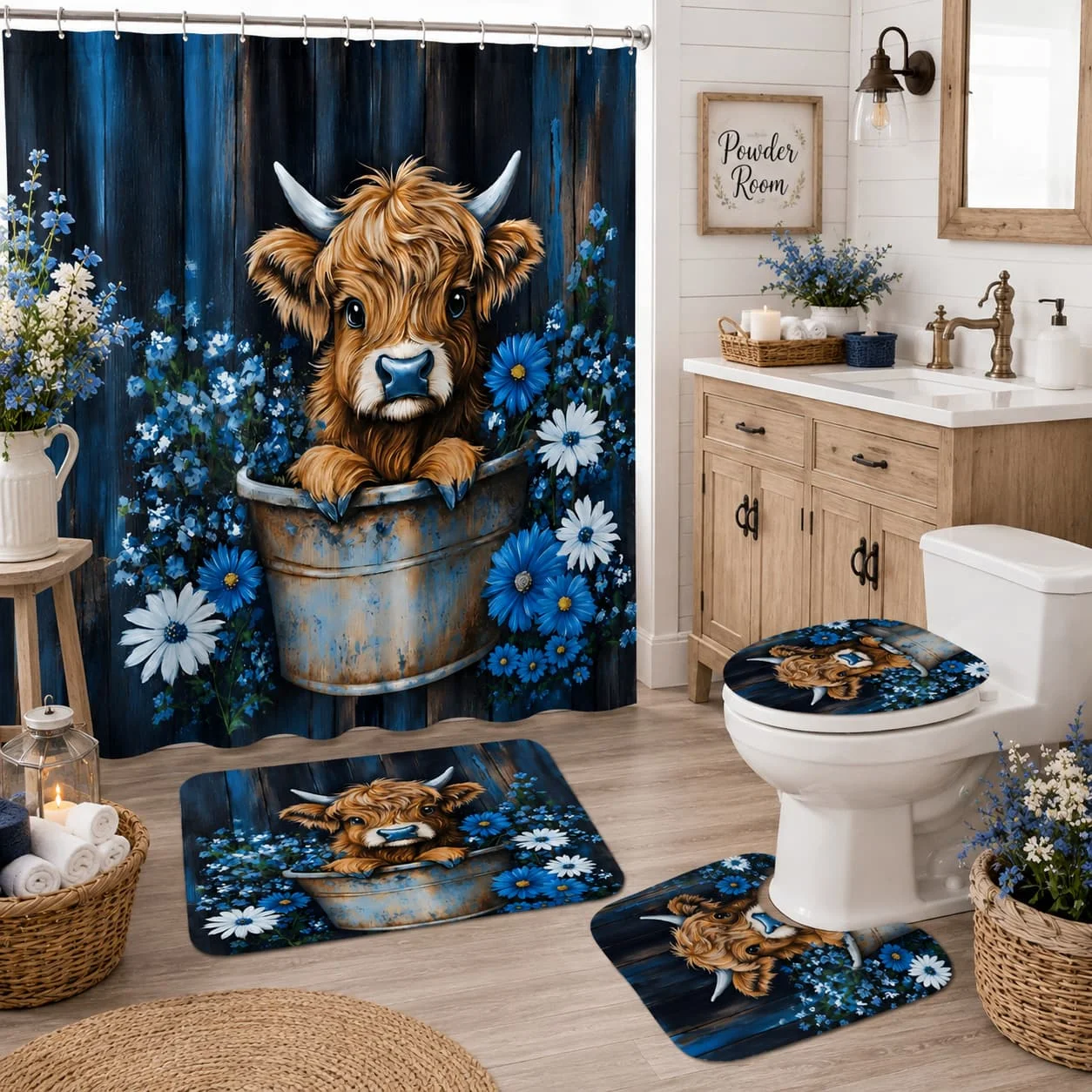 4pcs Highland Cow Scottish Cow Bathroom Set - Blue Flower & Rustic Farmhouse Shower Curtain with Includes 12 hooks, shower curtain, bath mat, U-shaped rug, and toilet lid cover