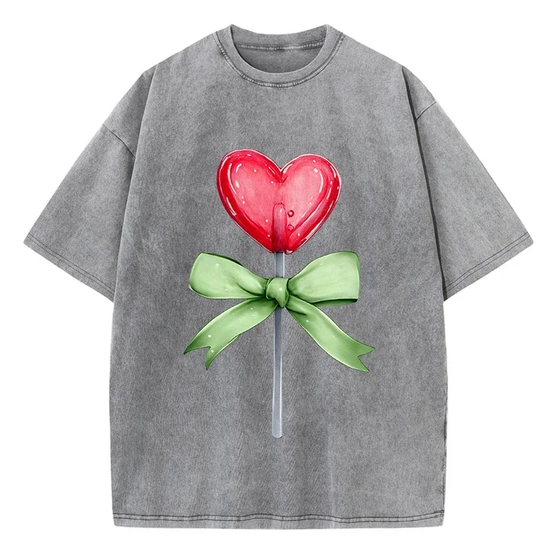 Love Candy Bows Printing Washed T Shirts Cotton T-Shirts Distressed O-Neck Comfortable Tops Summer Casual Man Clothes