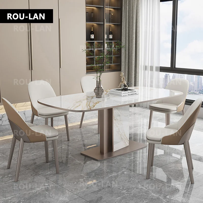 Light Luxury Glossy Rock Slab Dining Table Home Modern Minimalist Rectangular Creative Dining Table And Chairs Combination