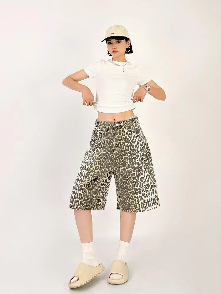 QWEEK Women Tan Leopard Print Denim Shorts Y2k Baggy Vintage Streetwear High Waist Jeans Summer Wide Leg Five Points Trouser