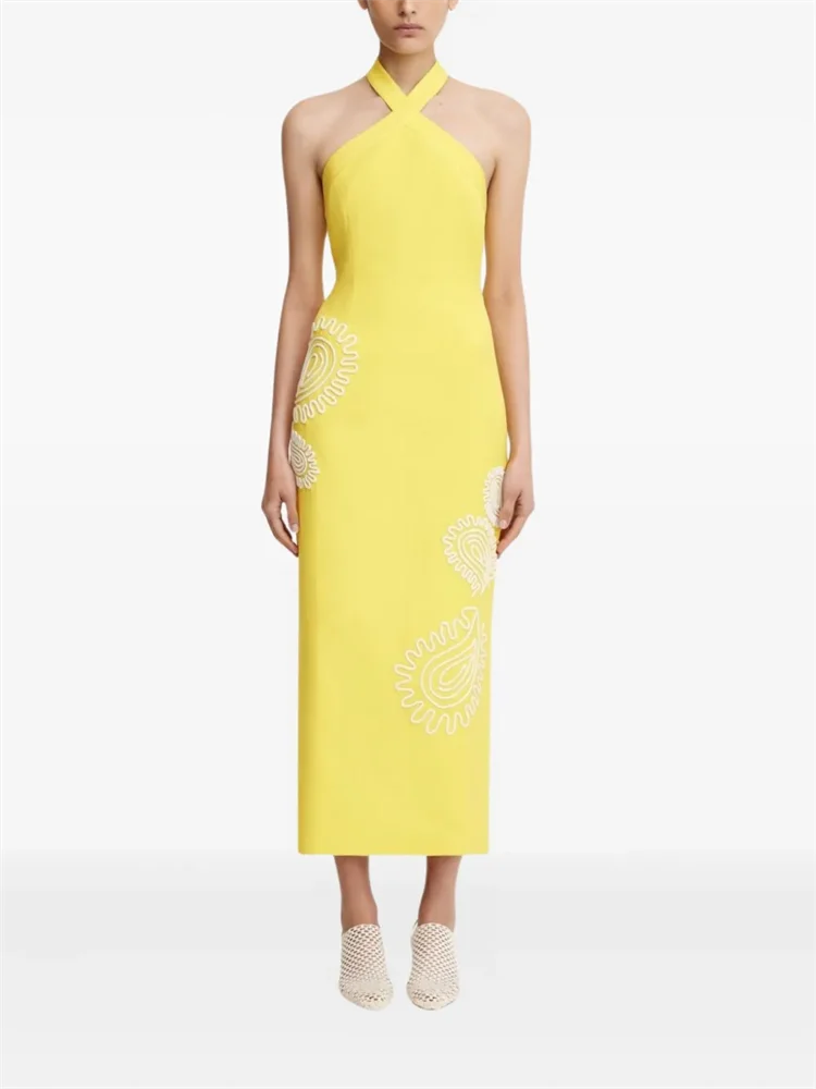 Customized Exquisite Yellow Irregular Pattern Party Event Dress Sleeveless Halter Neck Strap Design Skirt Embroidered Dress