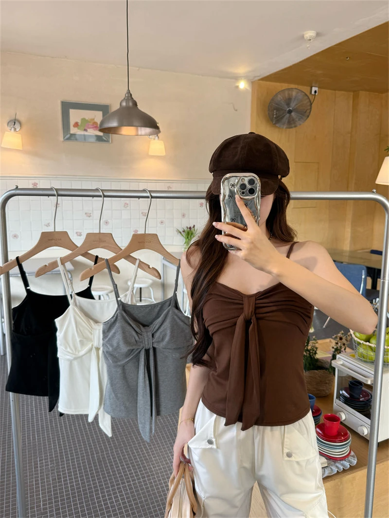 Karofi Sommermode Camisole mit Schleifenknoten, Brustpolster, verstellbaren Trägern, schmal geschnittenes Crop-Top, lässige Unterwäsche, Tank-Top A6172 – Detail 5