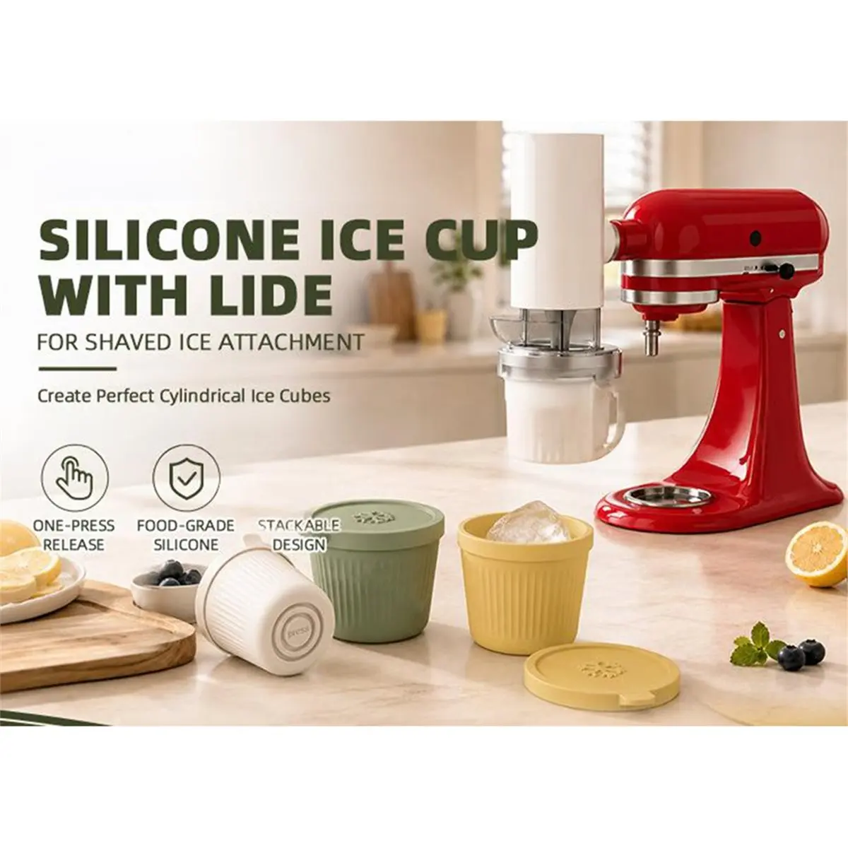【Newest AT03】For Stand Mixer Shaved Ice and Snow Cone Attachments, Easy-Release Molds, Homemade Silicone Ice Trays C