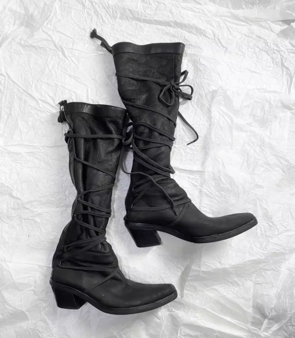 Retro Black Distressed Leather Knee-High Boots Wrap-Around Lace-Up Detail Chunky Low Heel Western Style Cool Pointed-Toe Boots