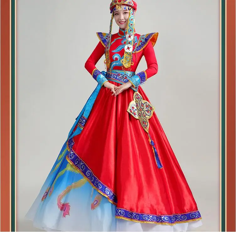 Chinese Mongolian Classical Ethnic Performance Folk Dance Clothing Women Stage Include Hat