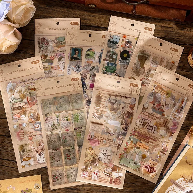 3 Pcs/pack Vintage Stickers Notebook Decorative Stickers Decorative Stickers for Scrapbooking Label Diary