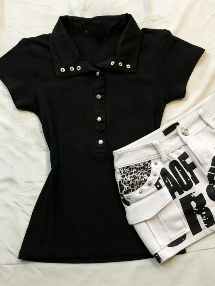 

American Punk Summer Y2K New Style Regular Shoulder POLO Collar Short Sleeve T-shirt for Women Slim Fit Subculture Casual Tops