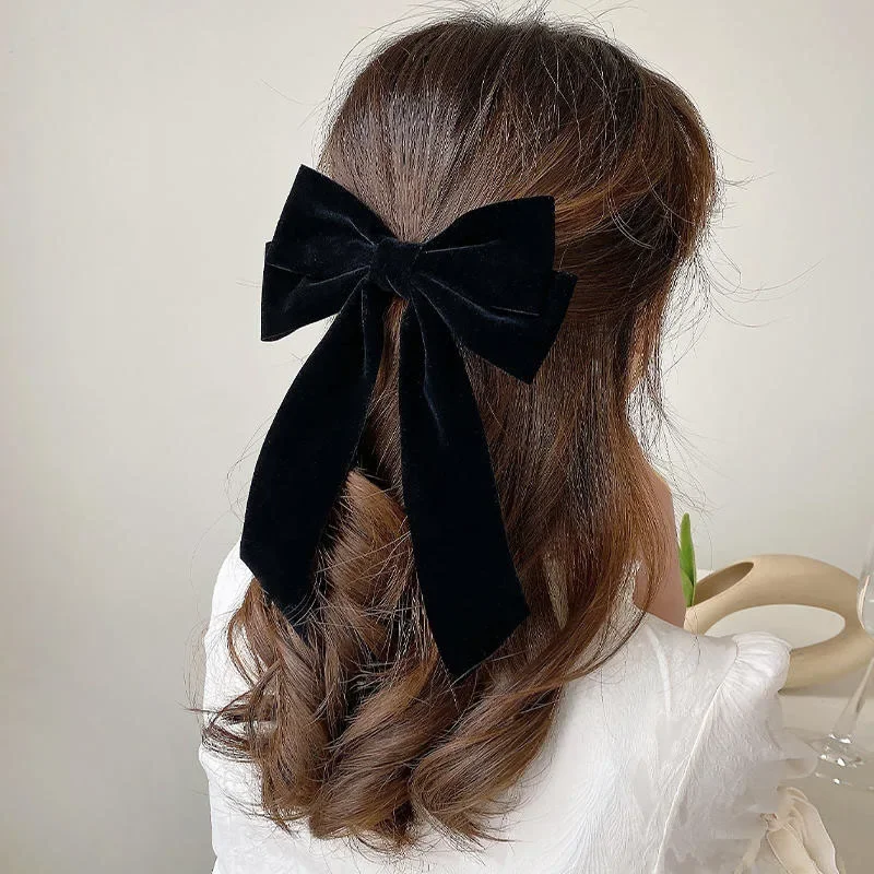 Duża kokardka do włosów Kobiety Aksamitne Czarne Czerwone Vintage Spinki do włosów Ślubna długa wstążka Koreańska spinka do włosów Moda Dziewczęce nakrycia głowy — zdjęcie 4
