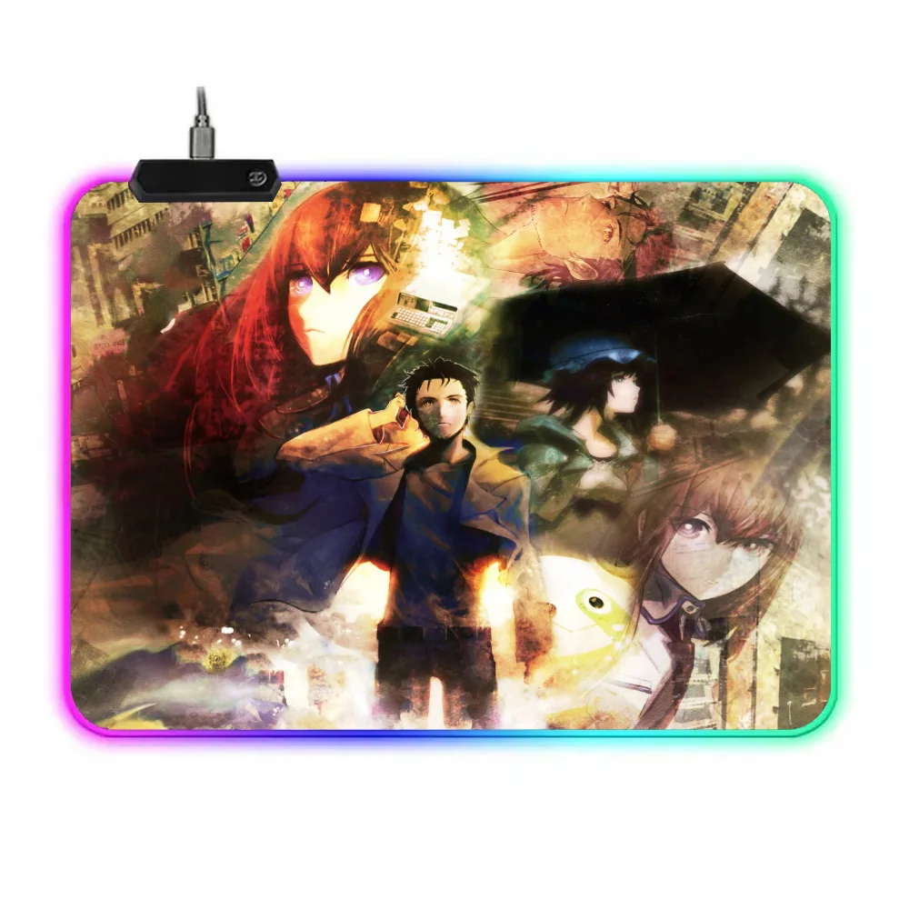 Steins Gate Mousepad RGB Small Size Gaming Mouse Pad With LED Light Desk Mat Super Smooth Non-slip Rubber Bottom