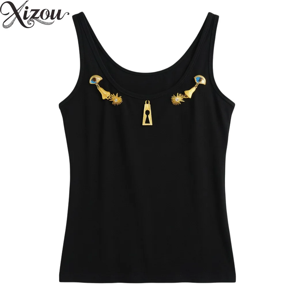 Normcore Eye Key Metal Buckle Decor Round Neck Vest 2026 Elastic Sleeveless Slim Fit Brown Top 2026 Summer Tanks Camis Street