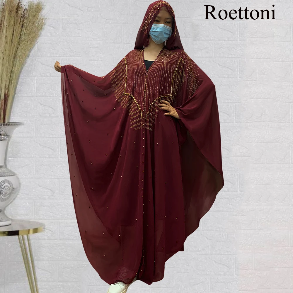 

New Open Chiffon Hooded Dress For Lady Beading Diamond Kaftan Prayer Dress Muslim Party Cloth Turkey Arabic Islam Shiny Outwear