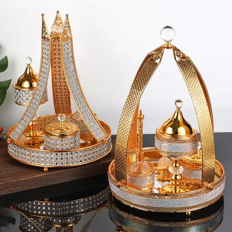 New retro rhinestone luxury decorative metal gold incense burner set with storage tray