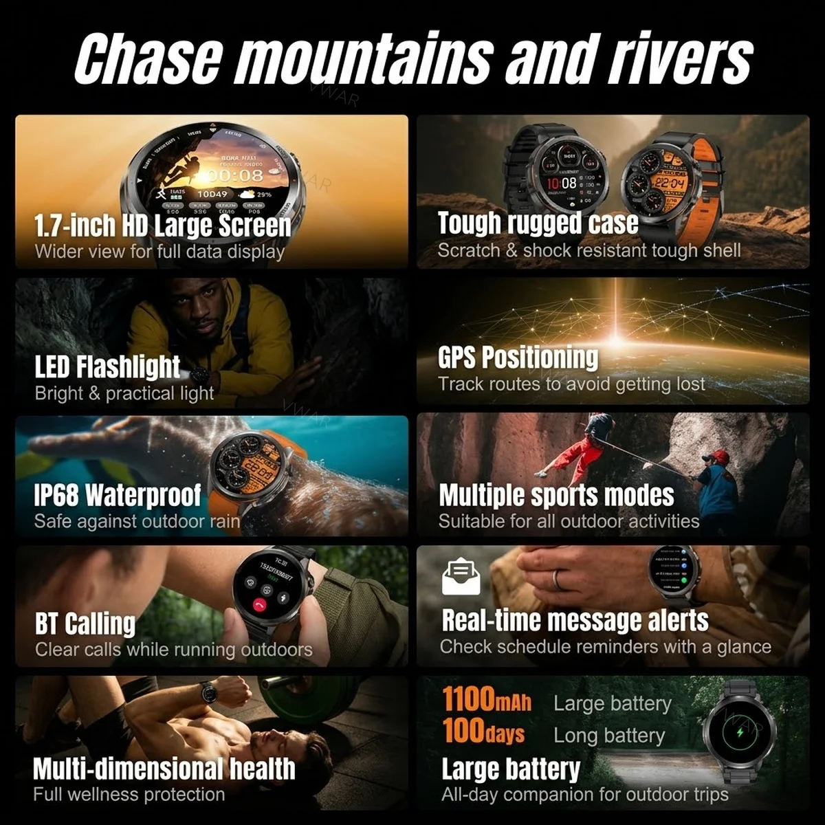 VWAR Runner 2 GPS Smart Watch 1100mAh Big Battery LED Flashlight Tactical Sport Smartwatch 1.7