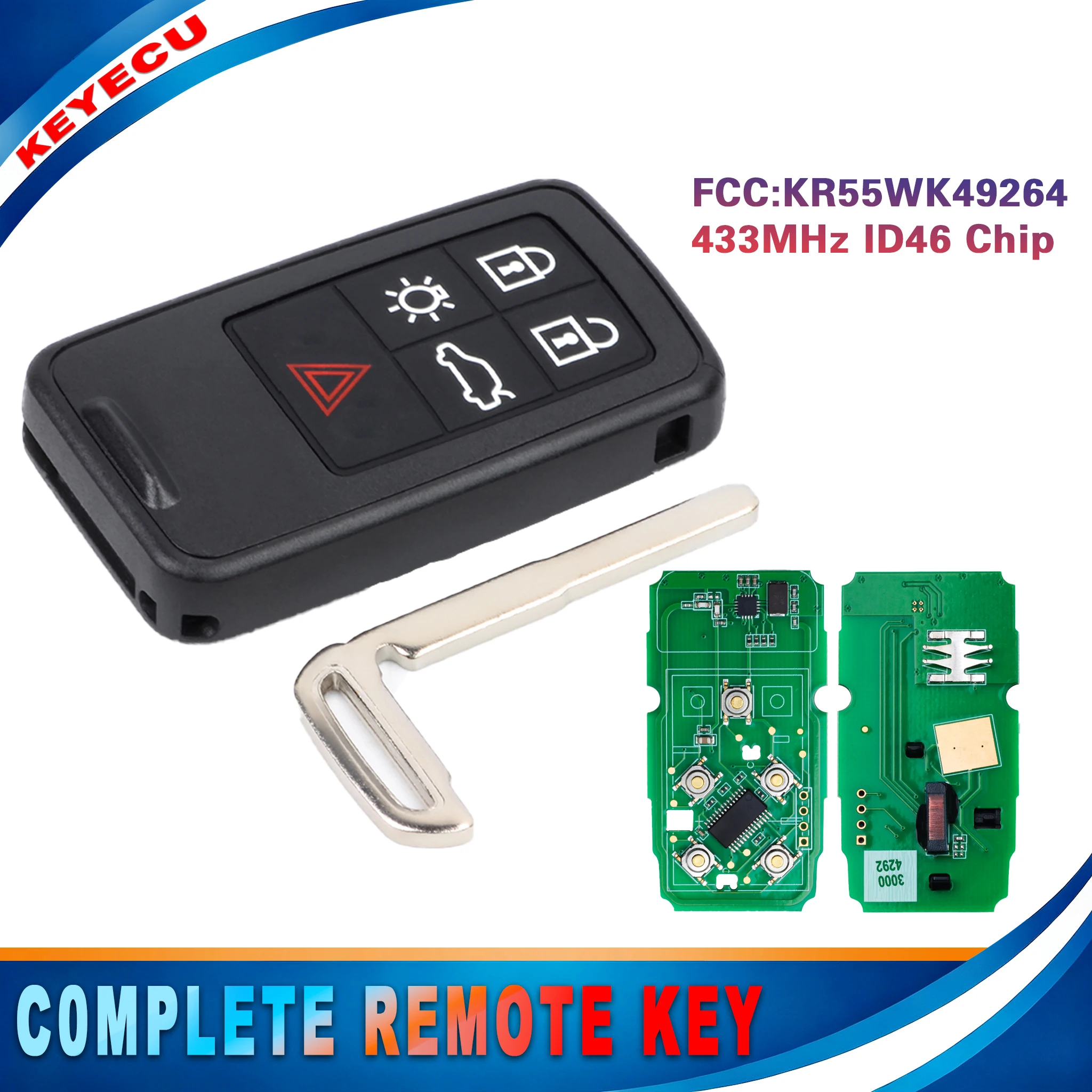 KEYECU KR55WK49264 433MHz ID46 Chip Smart Remote Key Fob for Volvo S60 S80 V60 V70 XC60 XC70 2007‑2017 5 Button