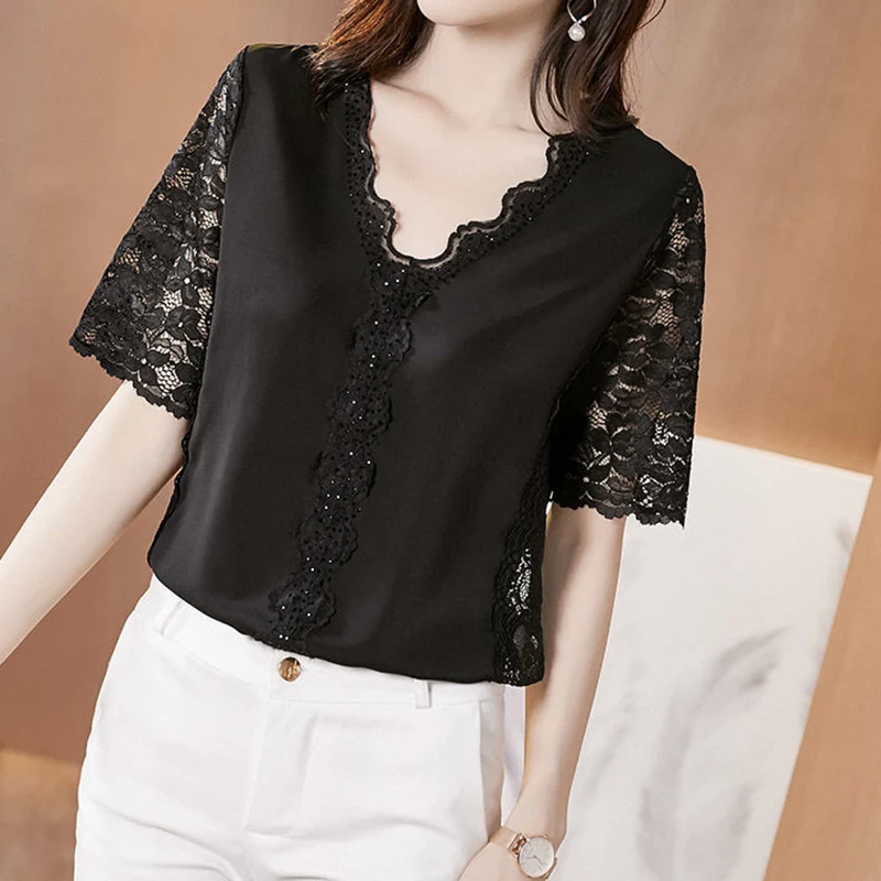 Elegant Fashion Casual Solid Color Lace Patchwork Chiffon Shirt Summer 2023 New V-Neck Short Sleeve Loose Blouse Female Clothing