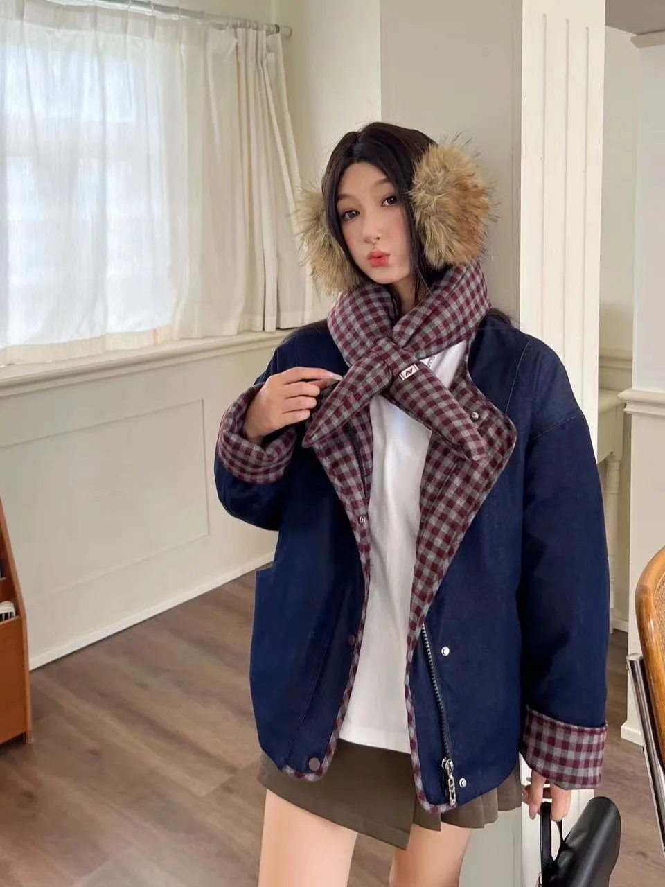 Coréen Sle couleur Blo Plaid Jaet femmes hiver nouveau Faion décontracté col montant vêtements de travail coton ort vêtements d'extérieur