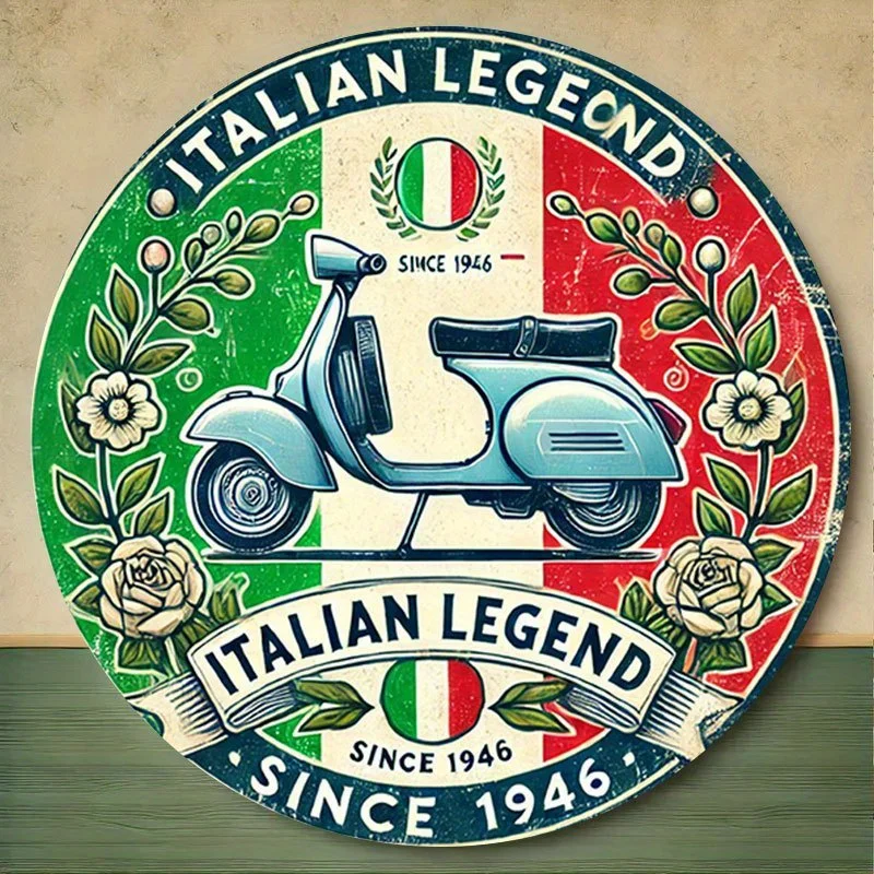 2D Flat, 1pc Italian Legend Scooter 1946 Round Metal Sign - Vintage Retro Wall Art with Italian Flag Colors, Durable Iron Plaque