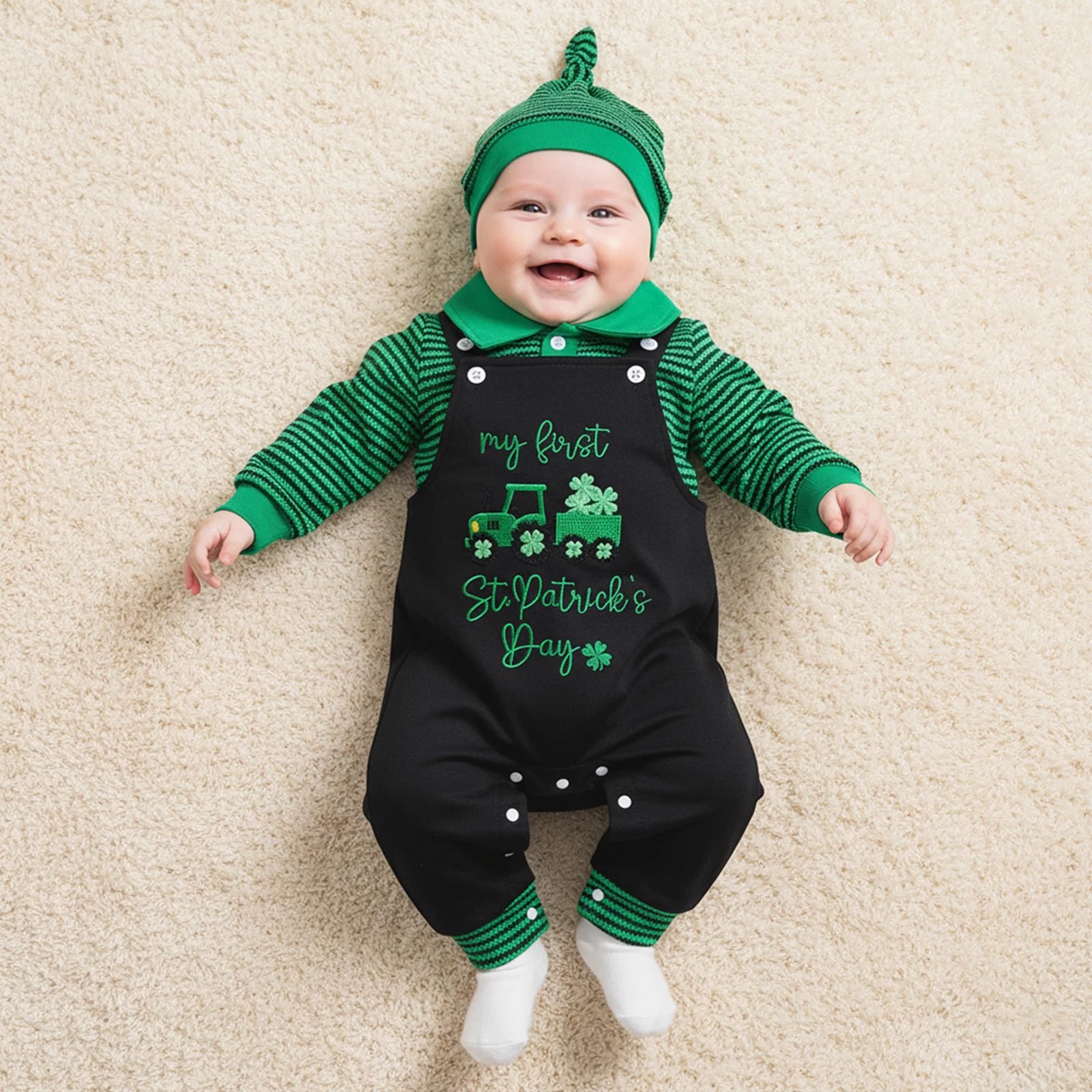 Baby Boys Irish Day Outfit Long Sleeve Lapel Striped Romper Clover Embroidery Suspender Pants Hat Sets Costume